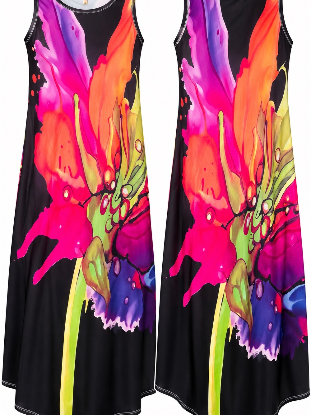 1XL Colorful Abstract Floral Sleeveless Maxi Dress with Pockets